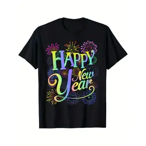 Menswear Cotton Short-Sleeve T-Shirt, 2026 New Year's Eve Family Matching Olive Green/Black Crewneck, Happy New Year Print Casual Streetwear for NYE Party Group Celebration Holiday Apparel Round Neck Tropical