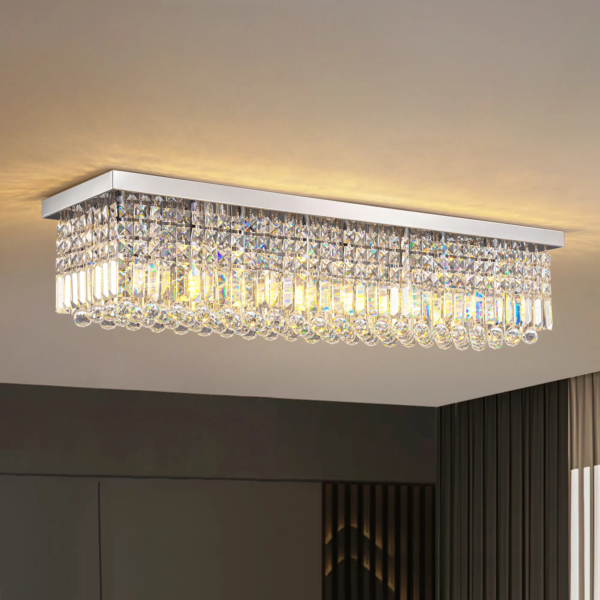 Modern Crystal Chandelier 8-Lights Rectangular Flush Mount Pendant Ceiling Light Fixture Rectangle K9 Crystal Raindrop Chandelier for Dining Living Room Kitchen Island L40"/47“ x W10" x H10" lighting