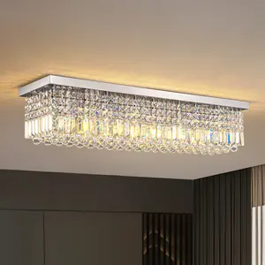 Modern Crystal Chandelier 8-Lights Rectangular Flush Mount Pendant Ceiling Light Fixture Rectangle K9 Crystal Raindrop Chandelier for Dining Living Room Kitchen Island L40" x W10" x H10" lighting