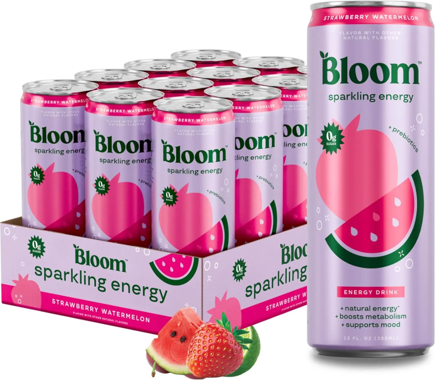 Bloom Nutrition Sparkling Energy Drink, Strawberry Watermelon Flavor, 12-Pack 12oz Cans, 0 Sugar, 180mg Natural Caffeine, Green Tea Extract, Green Coffee Extract, Prebiotic Blend