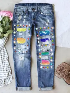 Rainbow Patchwork Print Jeans, Shiny Rhinestones, Distressed Design, Elastic Comfortable Fabric, Perfect Fit Long Denim Jeans, Pants, Streetwear