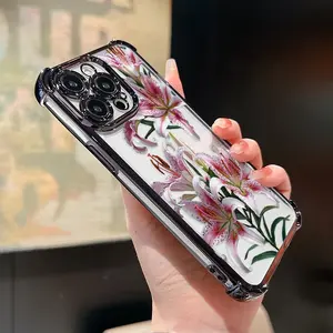 Floral Grace Pattern Four Corner Anti-Fall Phone Case Transparent Electroplated Protective Cover for iPhone 16 Pro Max 15 Plus 14 13 12 11 E