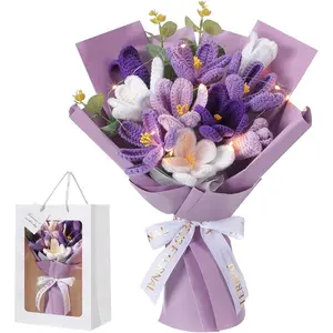 Day Crochet Flowers Bouquet Gift Completed Handmade Knitted Flowers with LED Lights Tulips Bouquet Gift for Mother Day Women Birthday Graduation Wedding Home(Purple)