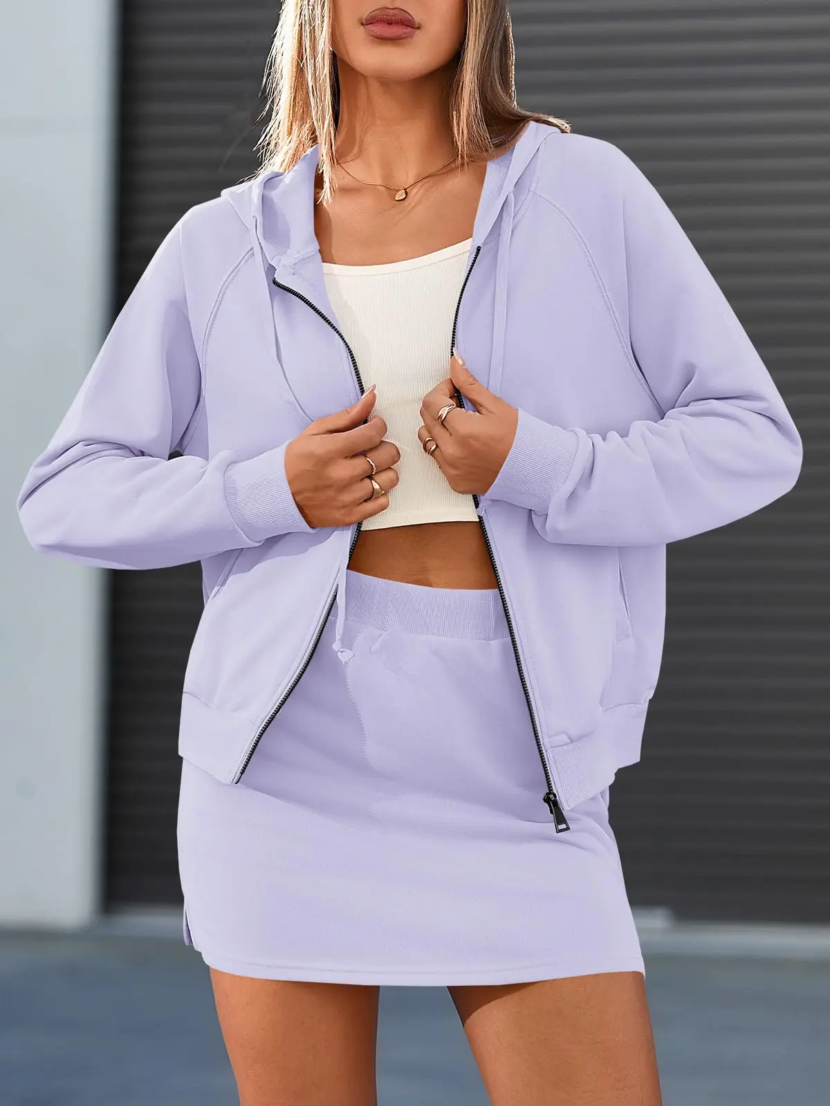 Fisoew Womens 2 Piece Outfits Sweatsuits Loose Fit Zip Up Hoodies Sweatshirt Casual Mini Skorts Fall Tracksuits Skirt Sets Summer Athletic Wear Summer Activewear two piece set 2 piece sets 2 piece sets women matching sets for women comfort sweat set