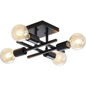 Industrial 4-Light Semi Flush Ceiling Light, Black Chandelier Lighting Fixture, Farmhouse E26 Stock Sputnik Ceiling Lamp for Bedroom Living Room Study Entryway, 1 Pack