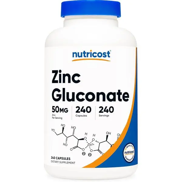 Nutricost Organic Zinc Gluconate Dietary Supplement - 50 mg per Capsule, 120 Vegetarian Capsules, Gluten-Lactose-GMO Free, Immune Support, Antioxidant Responses, Addresses Zinc Absorption Limitations, Healthy Metabolism for Adults, Gluten-Free, Hormone Pr