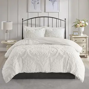 3 Piece Tufted Cotton Chenille Damask Duvet Cover Set