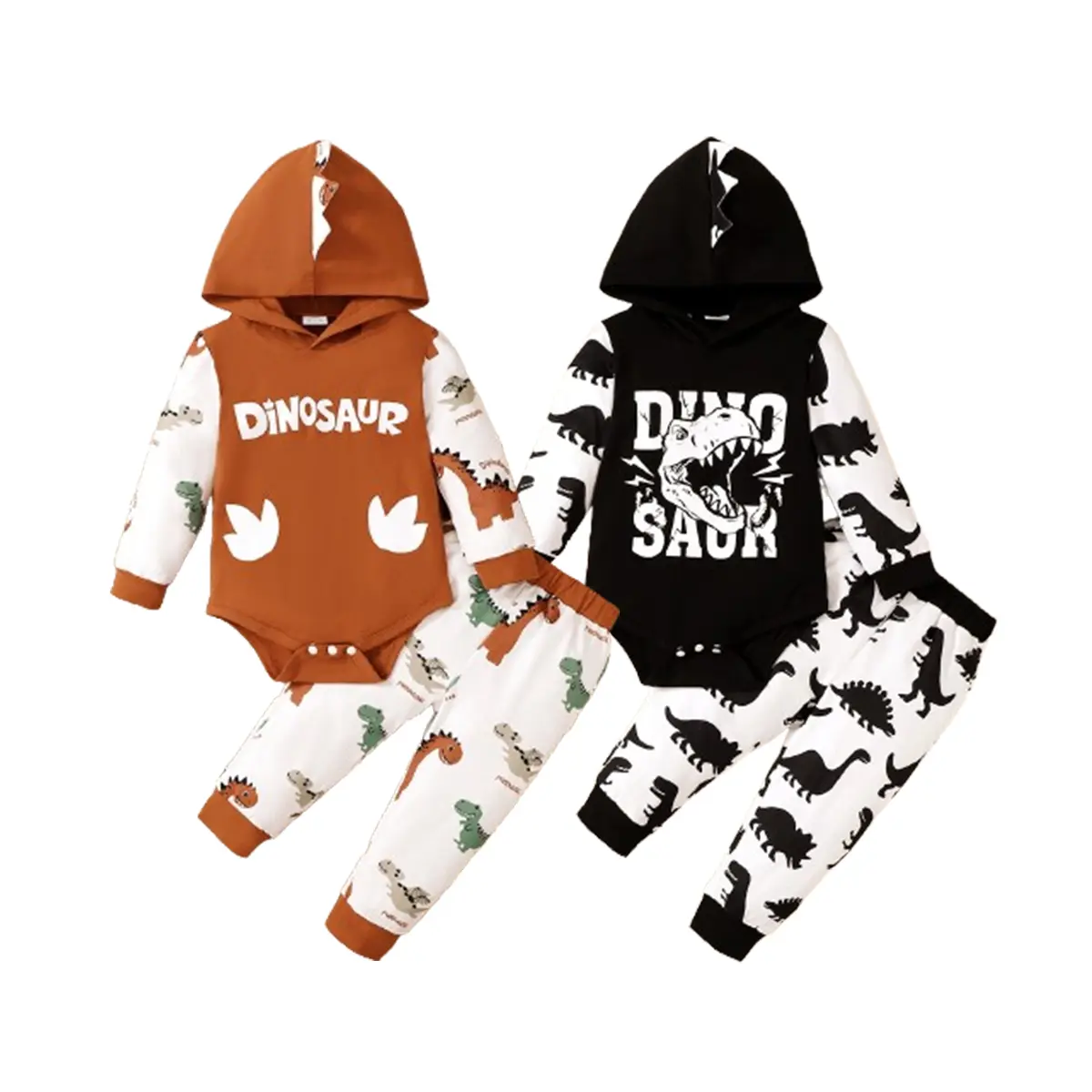 Ready STock 1-18M baby Boys Clothes Dinosaur Print Long Sleeve Hooded Romper Tops + Matching Pants Set 2Pcs Outfits 22410006
