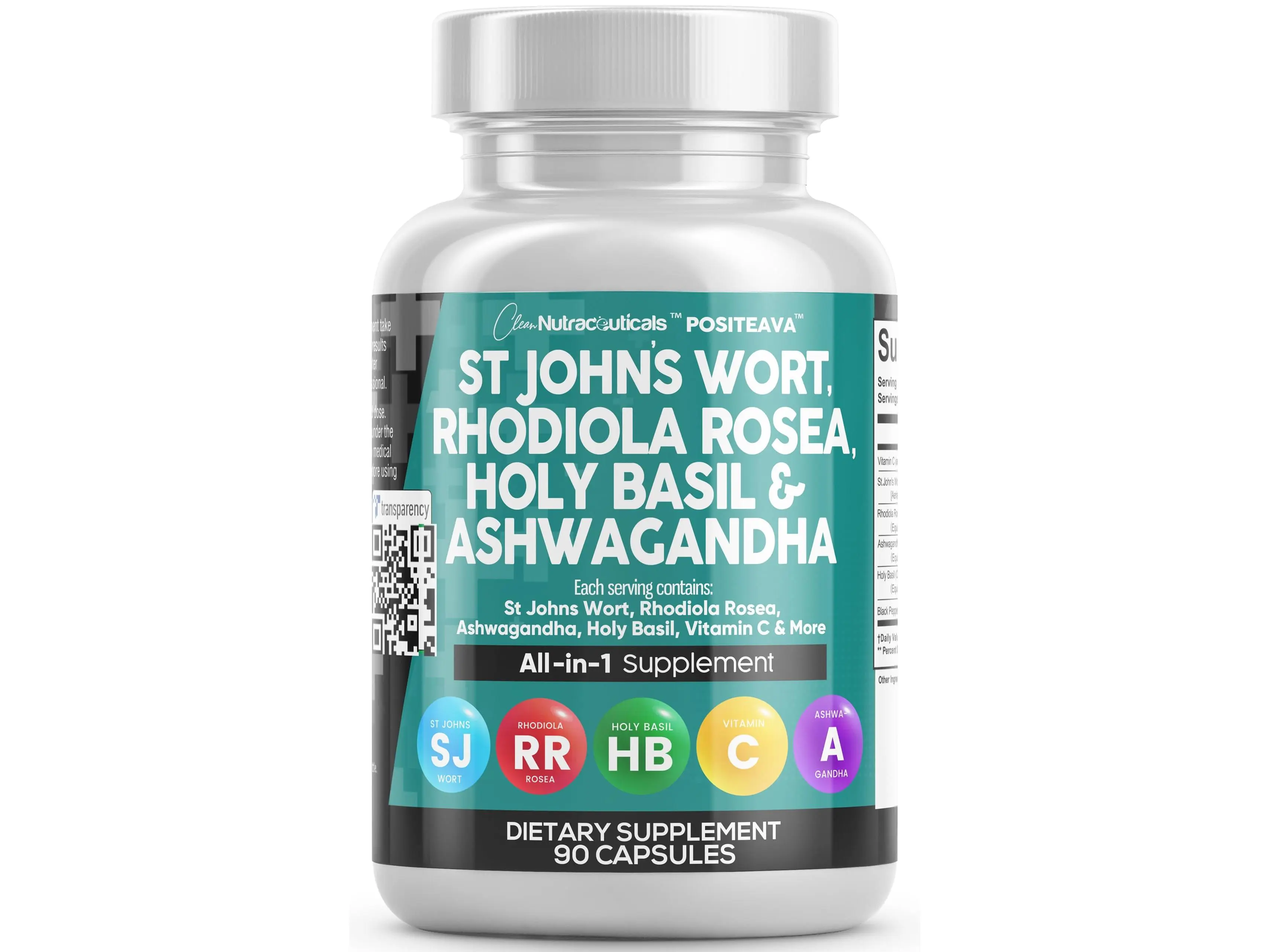 Clean Nutraceuticals St John's Wort, Rhodiola Rosea, Holy Basil, Ashwagandha & Women & Men's More for Mood Support Supplement Capsules – Positeava