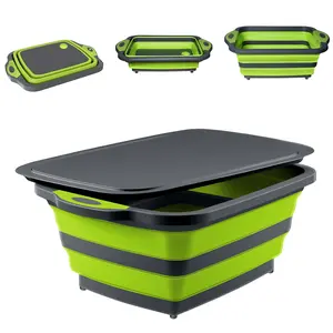 BBQ Prep Tub with Lid, 3-IN-1 Collapsible Chopping Cutting Board with Colander, Food Grade Portable Silicone Dish Tub for Dish Basin, Picnic, Tailgate and Camping, Kitchen