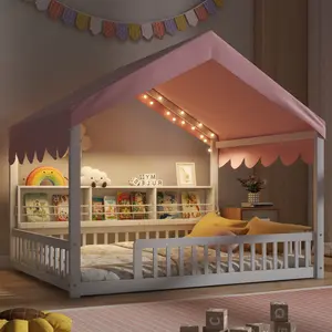 Full Size Wooden Platform Bed Frame with Fence, House-Shape Canopy Daybed, LED Light and 3 Storage Shelves, for Bedroom, Playroom, Easy Assembly, White+Pink
