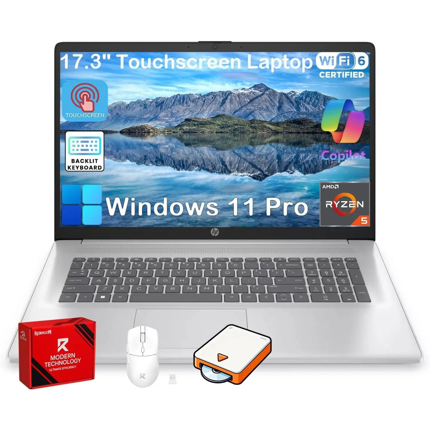 HP 17.3" HD+ AntiGlare Touchscreen Laptop, AMD Ryzen 5 7430U, Backlit Keyboard, Win11 Pro, Fast Charge, AI Copilot, for Business & Students, with Accessories, Built-In Camera Laptops, Solid State Drive Laptops