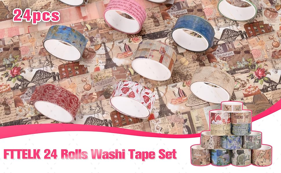 24 Rolls Vintage Washi Tape Set, Floral Decorative Tape for Scrapbooking,Junk Journal Supplies,DIY Art Crafts,Planners, Bullet Journaling and Wrapping(Romantic Eternal Series)