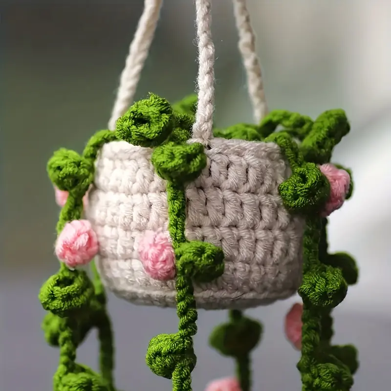 Cute Potted Plant Crochet Hanging Basket, Boho Basket Knitted Rear View Car Mirror Hanging Accessories, Funny Wool Crochet Plant