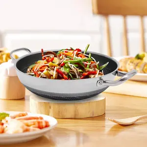 Nonstick Deep Frying Pan with Glass Lid, 316 Stainless Steel Deep Skillet for Induction, Gas, Ceramic and Electric Stovetops, Two Handle Hold, Silver Cookware