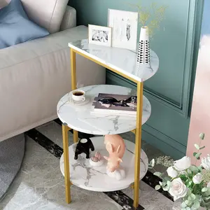 DKLGG White and Gold End Table, 3-Tier Faux Marble Side Table，Coffee Table w/Metal Frame,Bedside Tables Nightstand for bedroom, Small Spaces Modern desk gaming desks