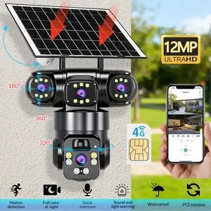 Solar Triple-Lens Outdoor Security Camera – 3MP×3 Lenses, 355° PTZ, AI Motion Detection, Night Vision, V380 App Control, IP66 Waterproof, 10X Digital Zoom, 8000mAh Battery, 7W Solar Panel, Up to 128GB SD Card (Not Included), Wireless Surveillance Camera