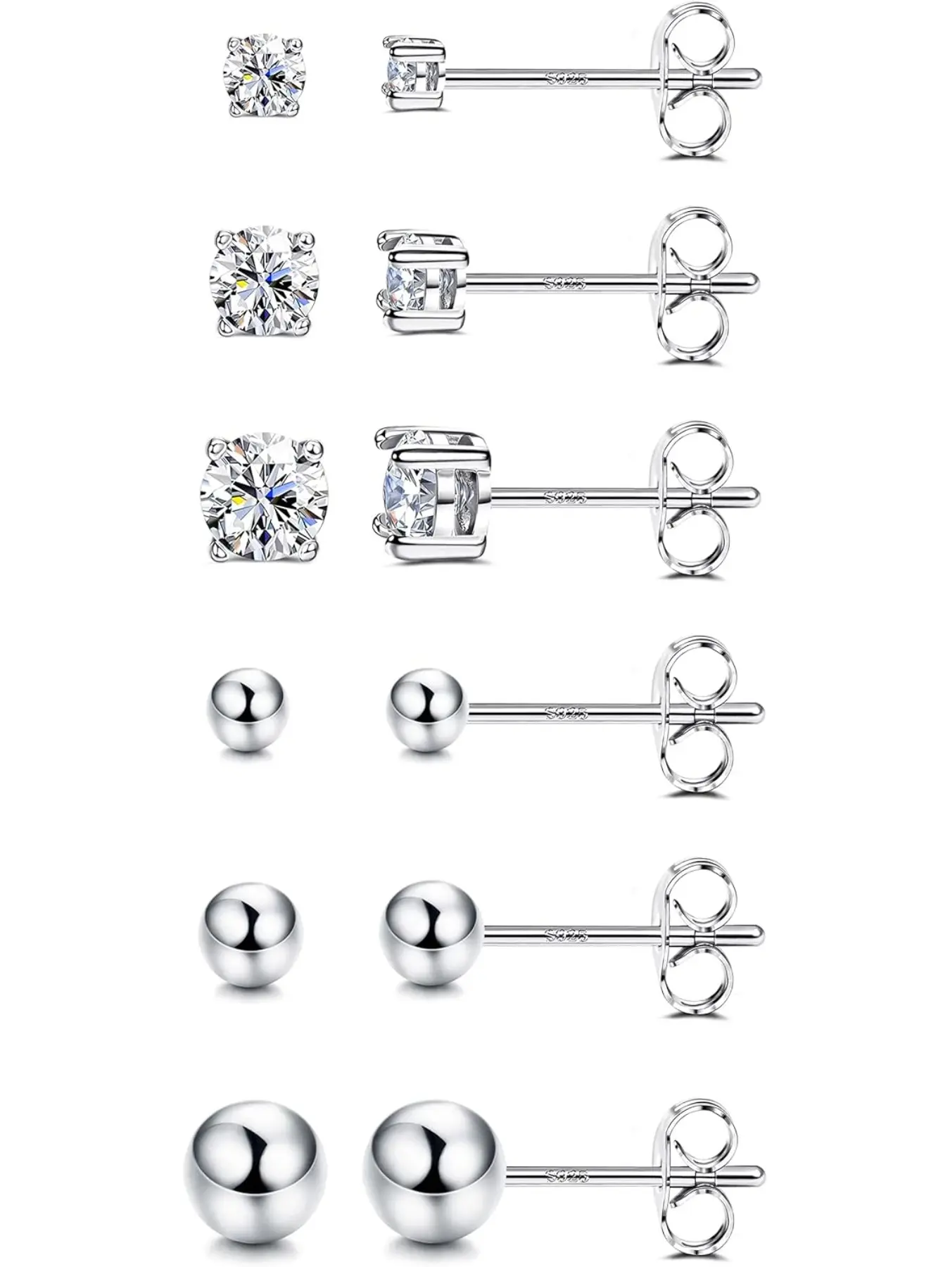 6 Pairs Sterling Silver Stud Earrings for Women, Cubic Zirconia Stud Earrings, Tiny Ball Stud Hypoallergenic Earrings, Small Tragus Cartilage Earrings Set for Men 2mm,3mm,4mm Stud Earring Jewelry Hypoallergenic CZ Earrings