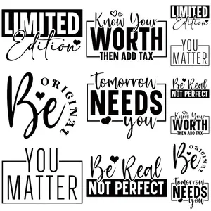 12-Piece Inspirational Language Motivational Messages Heat Transfer Stickers Set, 6 Large & 6 Small, DIY Washable Iron-On Designs for Hoodies & T-Shirts, Essential Fashion Accessory for Creatives, Heart