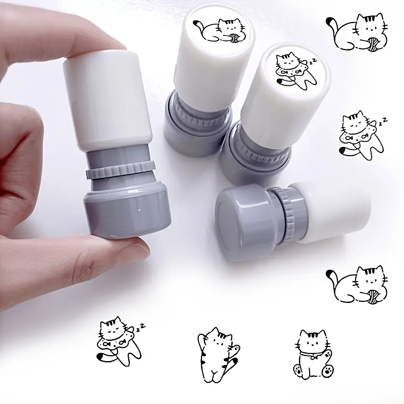 Cute Cat Stamps Set of 4, Adorable Cat Designs, Student Diary Decoration, DIY Stamp, Office Marking Cartoon Stamper, Portable Rotating Design, Creative Gift, Book Stamps