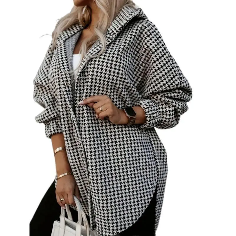 Women's Elegant Plaid Houndstooth Long Cardigan - Open-Front, Loose-Fit, All-Season Coatigan for Autumn Winter Commuting, Machine Washable