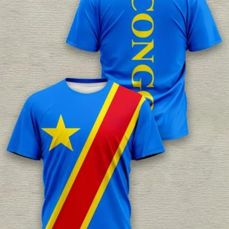 Democratic Republic of Congo Flag Print Men's T-Shirt, Round Neck & Short Sleeve, Sporty Athletic Slim-Fitting Top, Active T Shirts, Fitness Workout Shirt, Athletic Sports Top, Athletic Tee, Athletic Apparel
