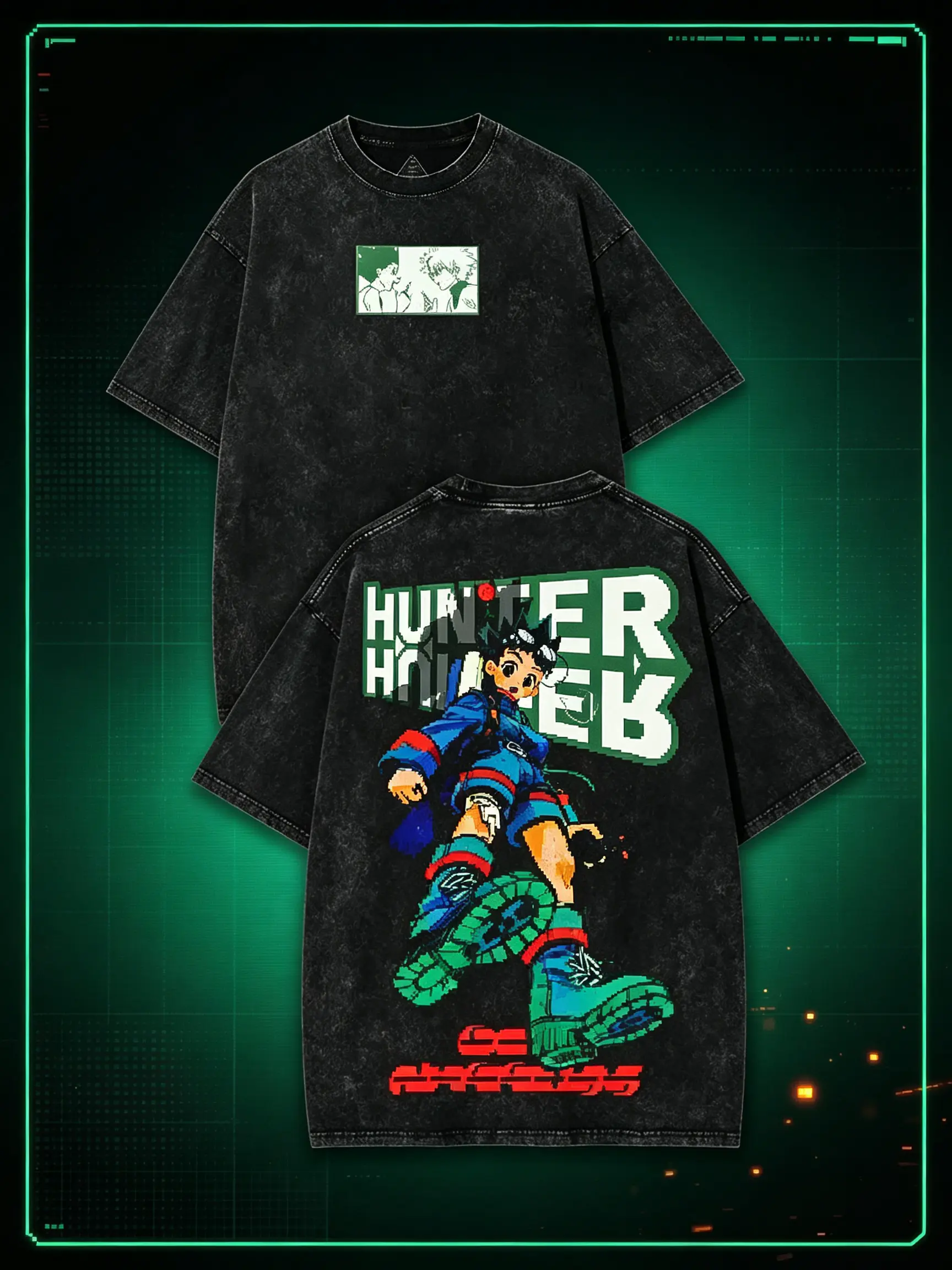 Unisex Hunter x Hunter Vintage Acid Wash Oversized Cotton T-Shirt - Front Gon/Killua Mini Panel Print, Back Bold Gon Freecss Letter Graphic, Distressed Black, Round Neck, Menswear Tops, Contemporary Fashion Gift For HxH Manga Fans, Casual Streetwear, Grap