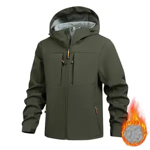 Men’s softshell hooded jacket with wool lining for outdoor hiking, a warm zip-up coat for autumn and winter, featuring a casual fit—perfect for hiking trips, commuting, and urban travel; stylish menswear suitable for autumn and winter wear.