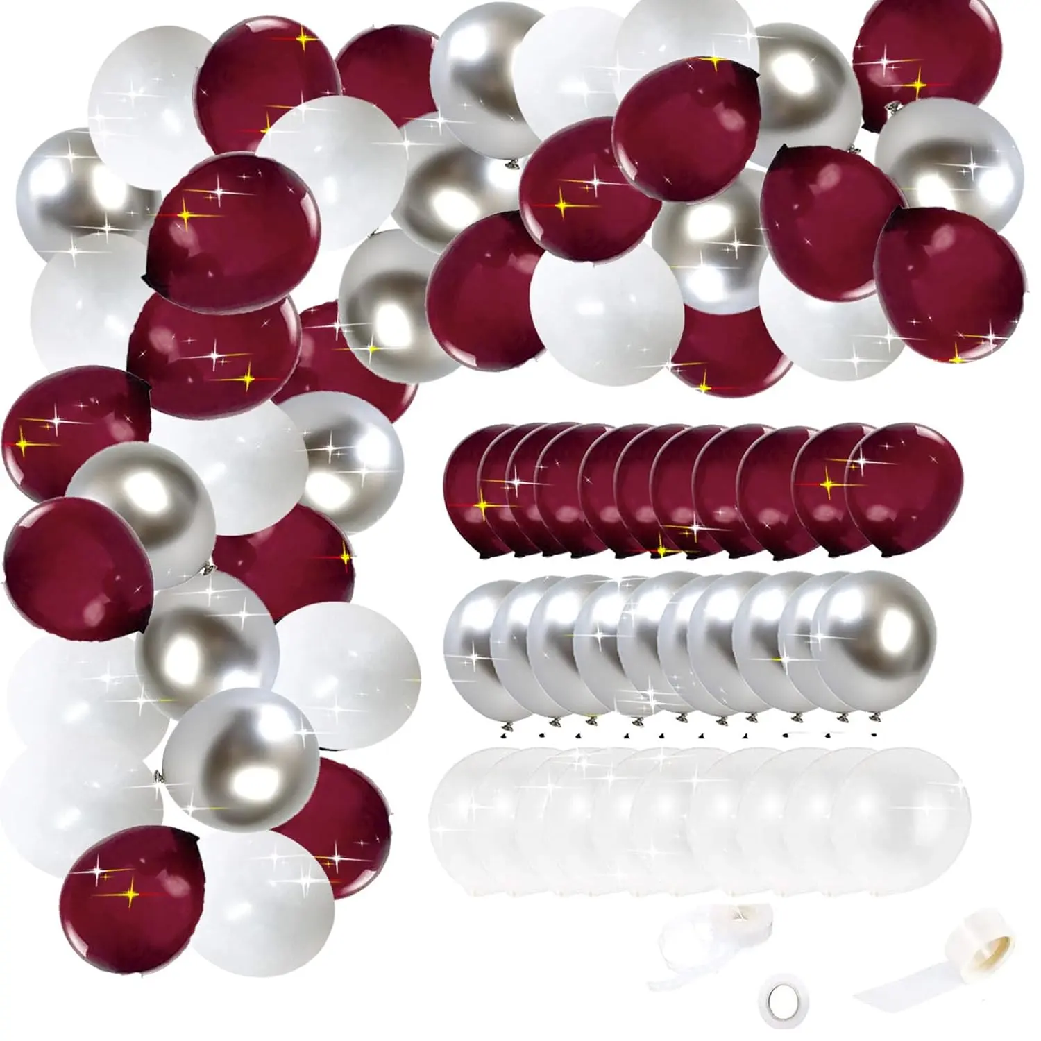 2026 Maroon Graduation Balloon Arch Kit 60pcs Burgundy, White & Silver Balloons for Parties