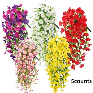 5pcs Hanging Morning Glory UV Resistant Artificial Outdoor Flowers, Faux Flowers for Planters, Home Decor, Wedding, Patio, Porch, Yard, Realistic Faux Flowers, Decorative Flowers
