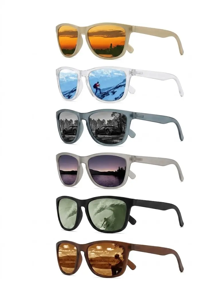 6-piece set of neutral fashion sunglasses, lightweight full wheel design, UV400 protection, suitable for playing, wearing, sun protection, fishing