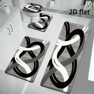 3pcs/4pcs Bathroom Rug Set, Modern Abstract Swirl Black White Grey Bath Mat Set, Non Slip Absorbent Soft Microfiber Bathroom Mats with Toilet Lid Cover & Contour Rug, Machine Washable Bath Rugs for Bathroom Shower Decor