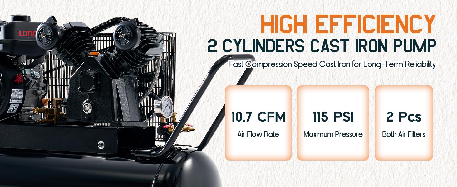 VanAcc 6.5HP Gas Powered Air Compressor, 8/20 Gallon Horizontal Tank with Wheels 10CFM@Max 115PSI, 196cc Loncin Engine Gasoline Driven Piston Pump Air Compressor for Workshop, Construction Sites