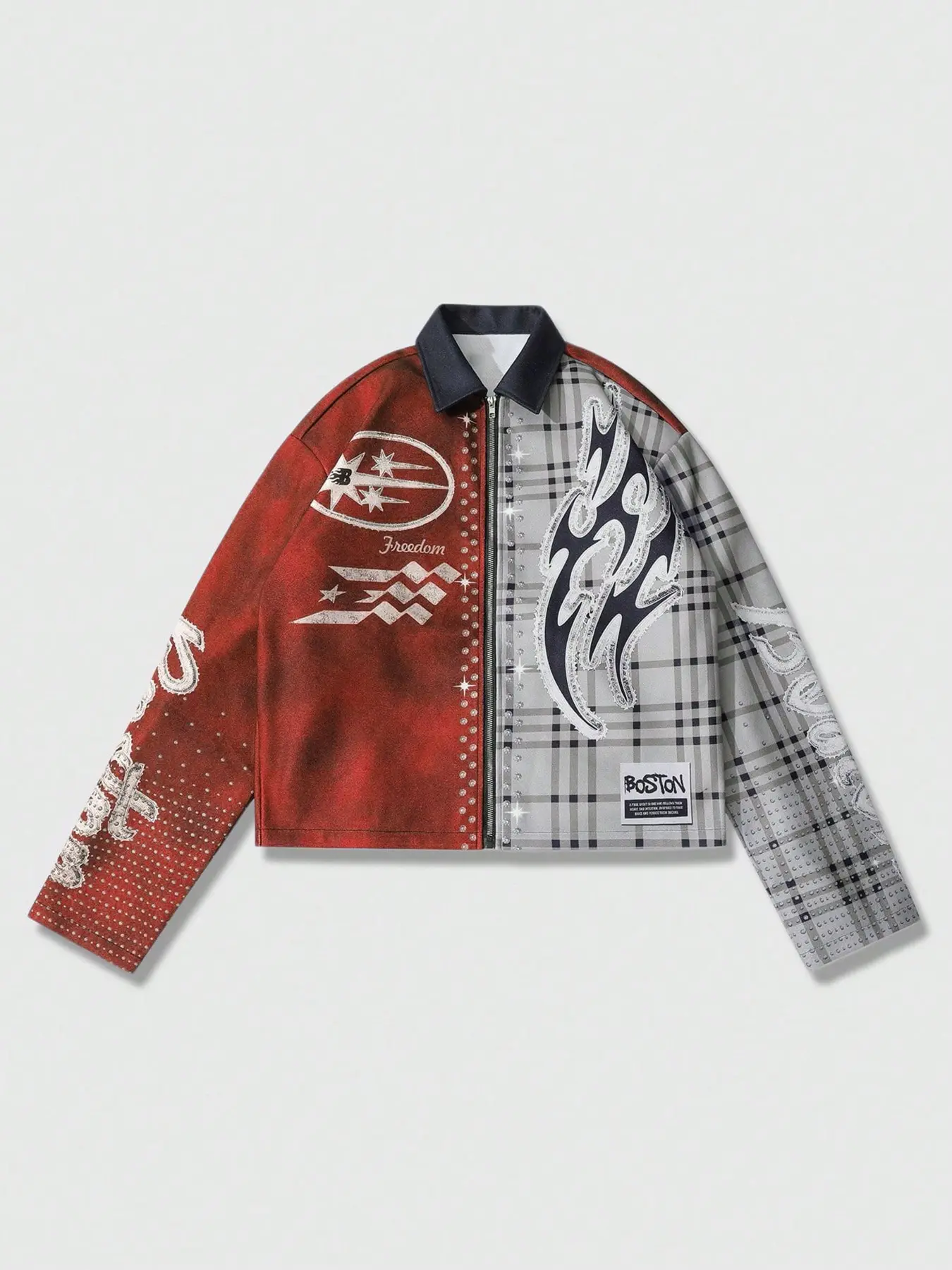Men's Y2K Retro Racing Jacket with Asymmetric Checkered Sleeves