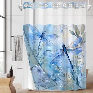 1PC/4PCS 2D Flat Printing Spring Joy Blue Dragonfly Flowers and Grass Patterned shower curtain, home bathroom decor, shower curtain set with 12 hooks, non-slip bathroom rug, U-shaped toilet seat cover, toilet seat mat.