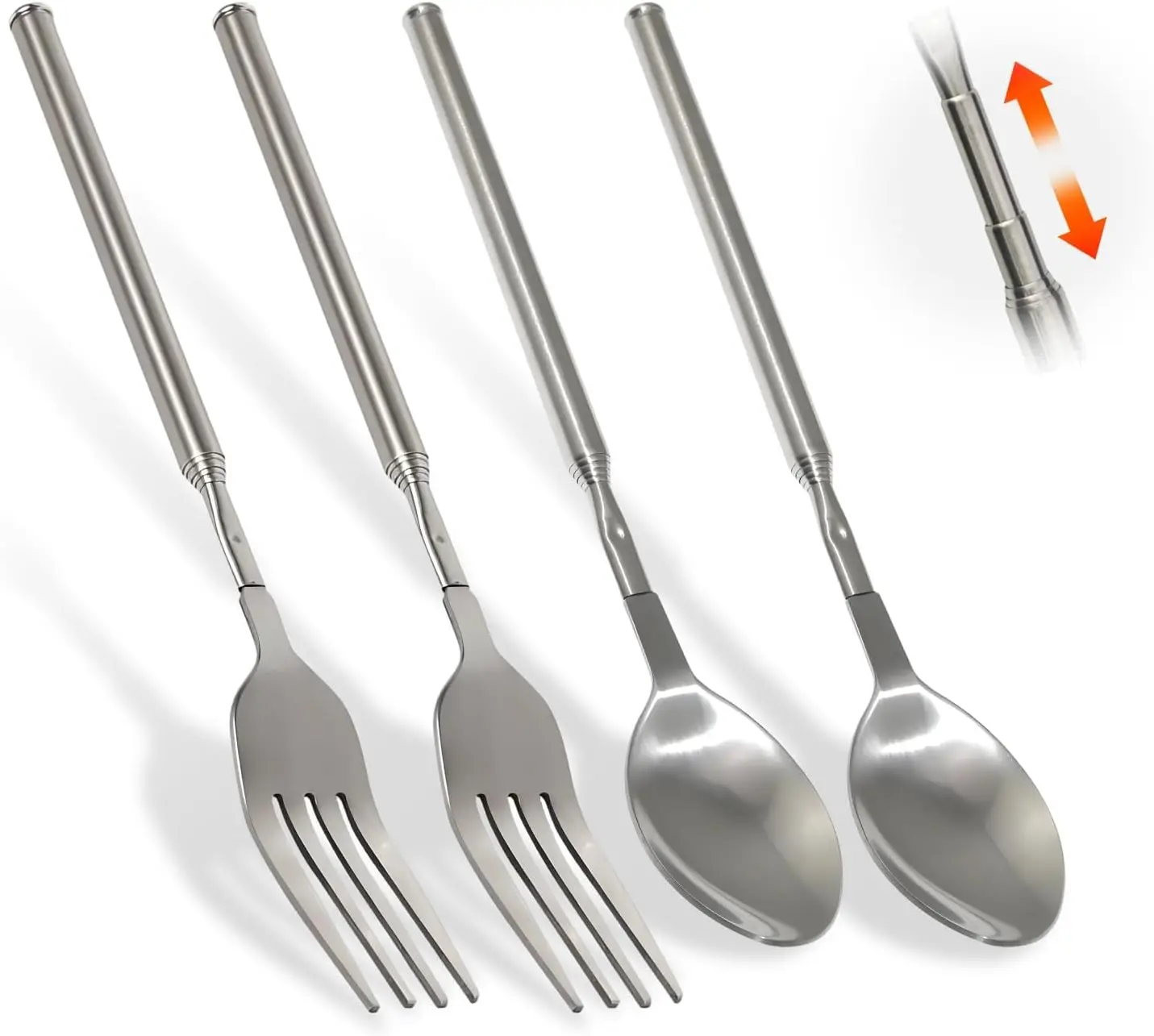[USA Stock] 4 PCS Adjustable Stainless Steel Extendable Fork & Spoon Set, 8.7-25.4 in Expandable Cutlery for Daily Dining, BBQs, Camping, Pranks, Durable & Dishwasher Safe