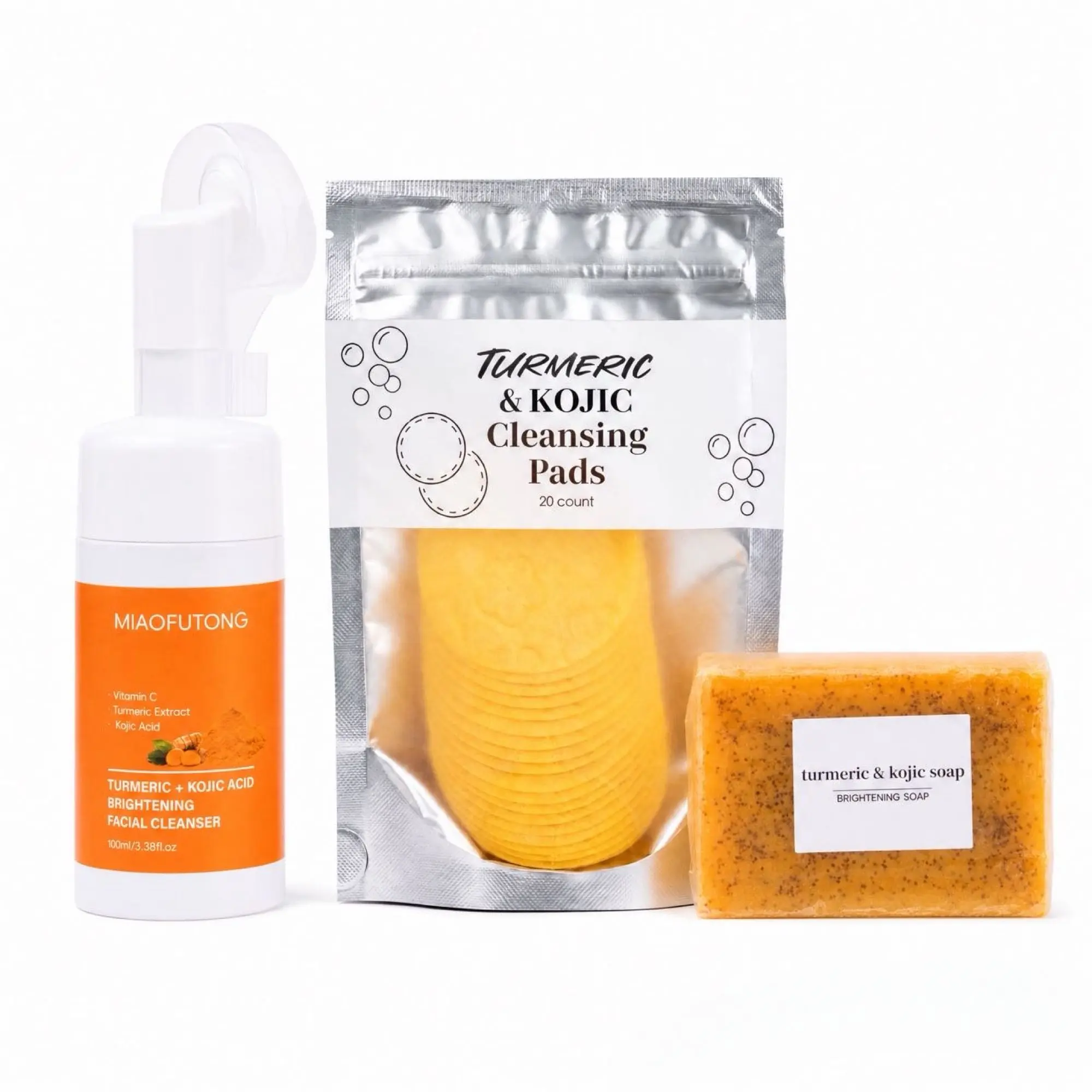 Turmeric & Kojic Daily Cleansing Set, Facial Cleanser, Cleansing Pads & Cleansing Soap, 3-Piece Face Care Kit, Everyday Skincare Routine