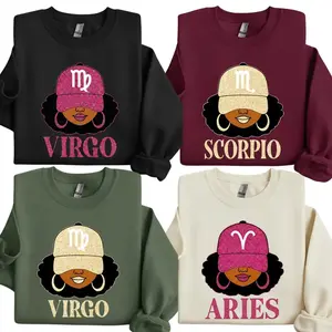 All 12 Zodiac Slay Girl Sweatshirt – Glitter Astrology Hat Graphic for Adults, Full Horoscope Star Sign Collection with Bold Zodiac Letter Design, Unisex Astrology Gift for Men & Women