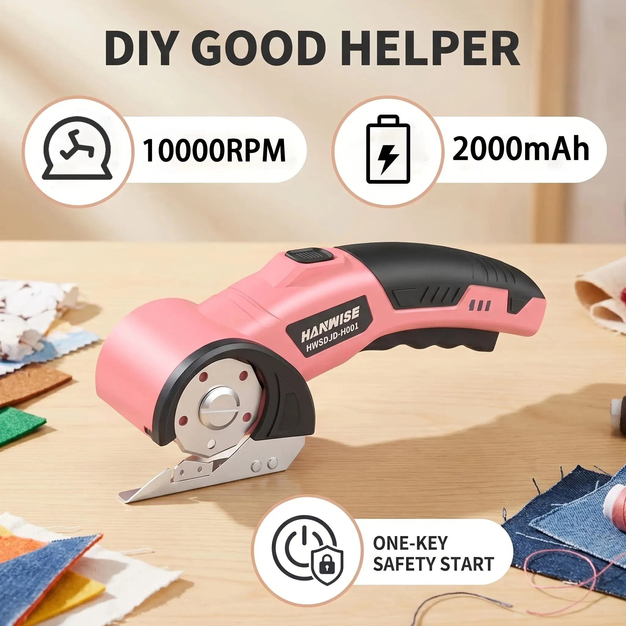 Hanwise Cordless Electric Fabric Cutter - 1-Key Safety Portable Rotary Cutting Tool for Cloth, Leather, Carpet DIY Sewing Craft