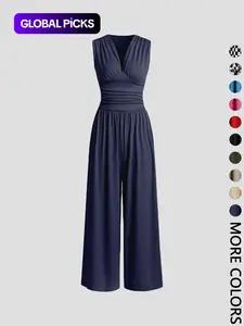 Women's Plain Ruched Deep V Neck Ribbed Fitted Jumpsuit, Elegant Sleeveless Wide Leg Jumpsuit for Summer, Ladies Clothes for Beach Holiday Vacation