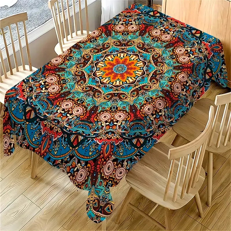 Boho Mandala Rectangular Woven 100% Polyester Tablecloth - Machine Washable Daily Outdoor/Indoor Table Cover - Bohemian Decor for Dining Room, Gift for Boho Fans