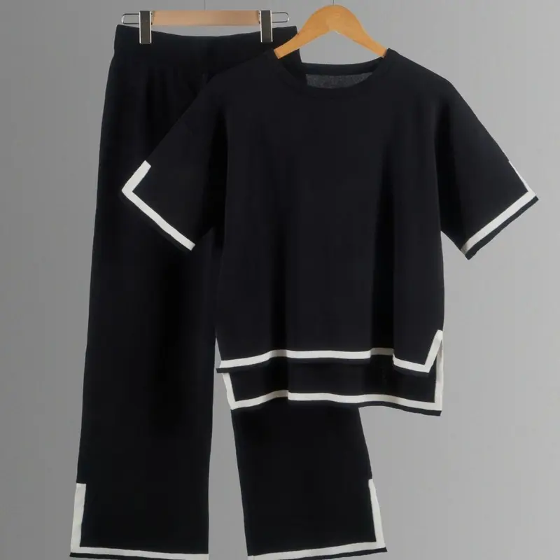 Womens Two Piece Outfits Casual Short Sleeve Knit Sweater Tops Matching Wide Leg Pants Tracksuit Lounge Sets