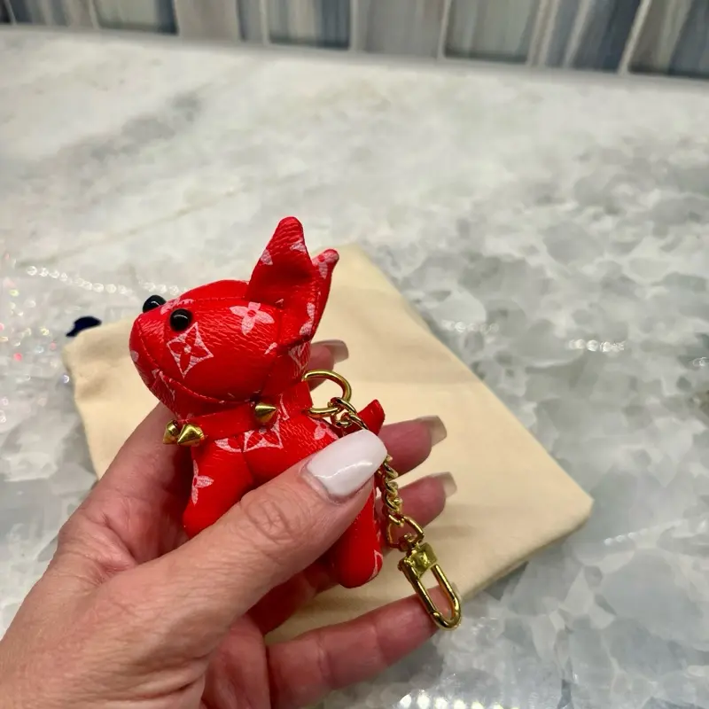 Miniature Fashion Frenchie Puppy Bag Charm in Red Leather Keychain Designer Accessory for Purses Backpacks & Briefcases with Dust Bag!