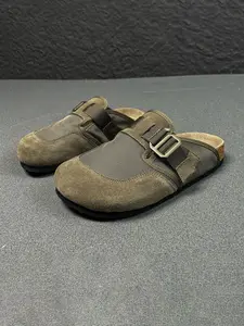 Men's Retro Mesh Patchwork Suede Slippers, Adjustable Metal Buckle Soft Wood Sole, Breathable Anti-Slip Arch Support, All-Season Casual Outdoor Shoes