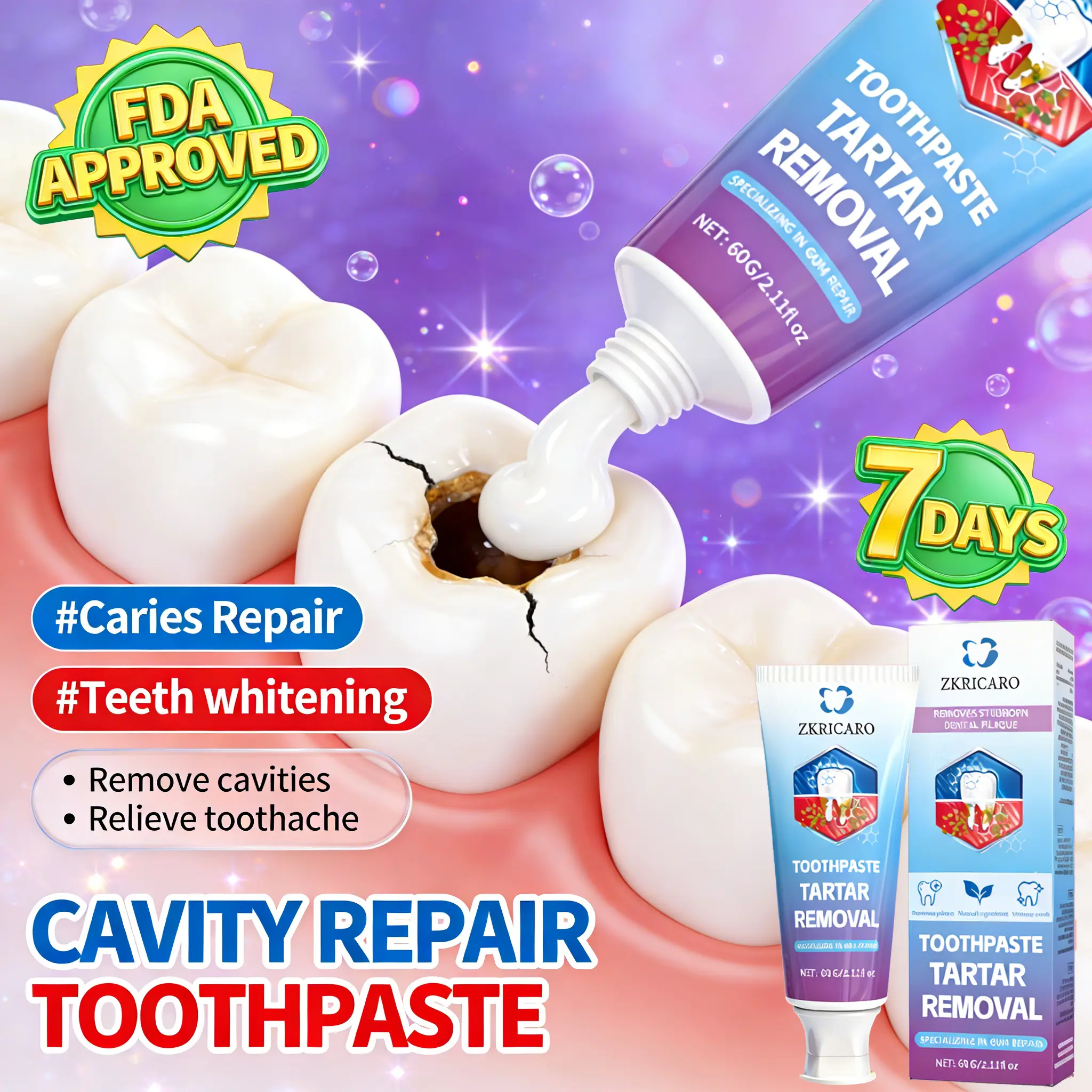 FDA-certified cavity repair toothpaste repairs cavities, fills holes, removes plaque, relieves toothache, gentle and non-irritating, long-lasting cavity protection.