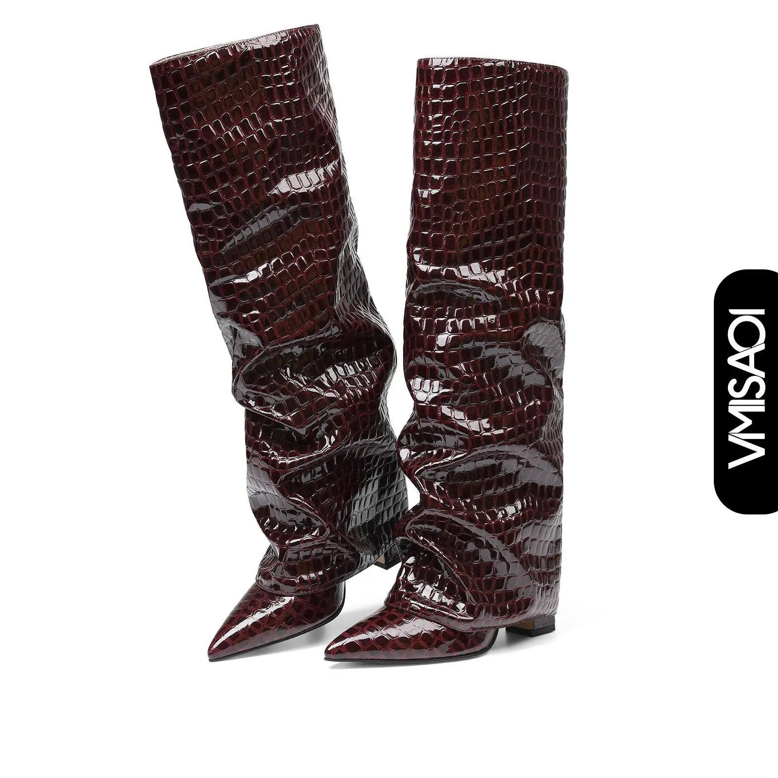 Womens Knee High Boots Slouchy Fold Over Shark Inspired Croc Embossed Chunky Block Heel Pointed Toe Side Zipper Pull On Comfortable Fashion Date Outing Party Wedding Vacation Office Street Style Casual Graduation Brunch Viral Tall Boots