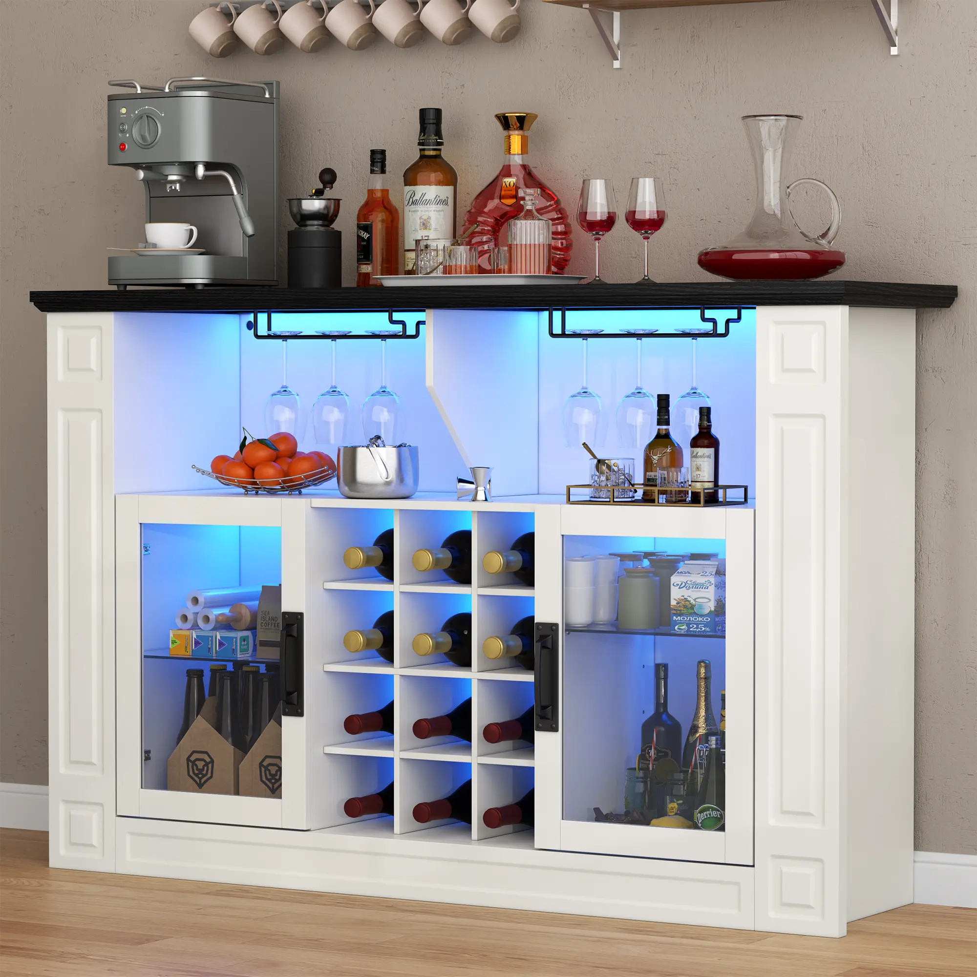 Gyfimoie Liquor Cabinet with LED Light, Kitchen Coffee Bar Cabinet with Glass Rack and Removable Wine Racks, Wine Bar Cabinet with Glass Door, Home Bar with Storage