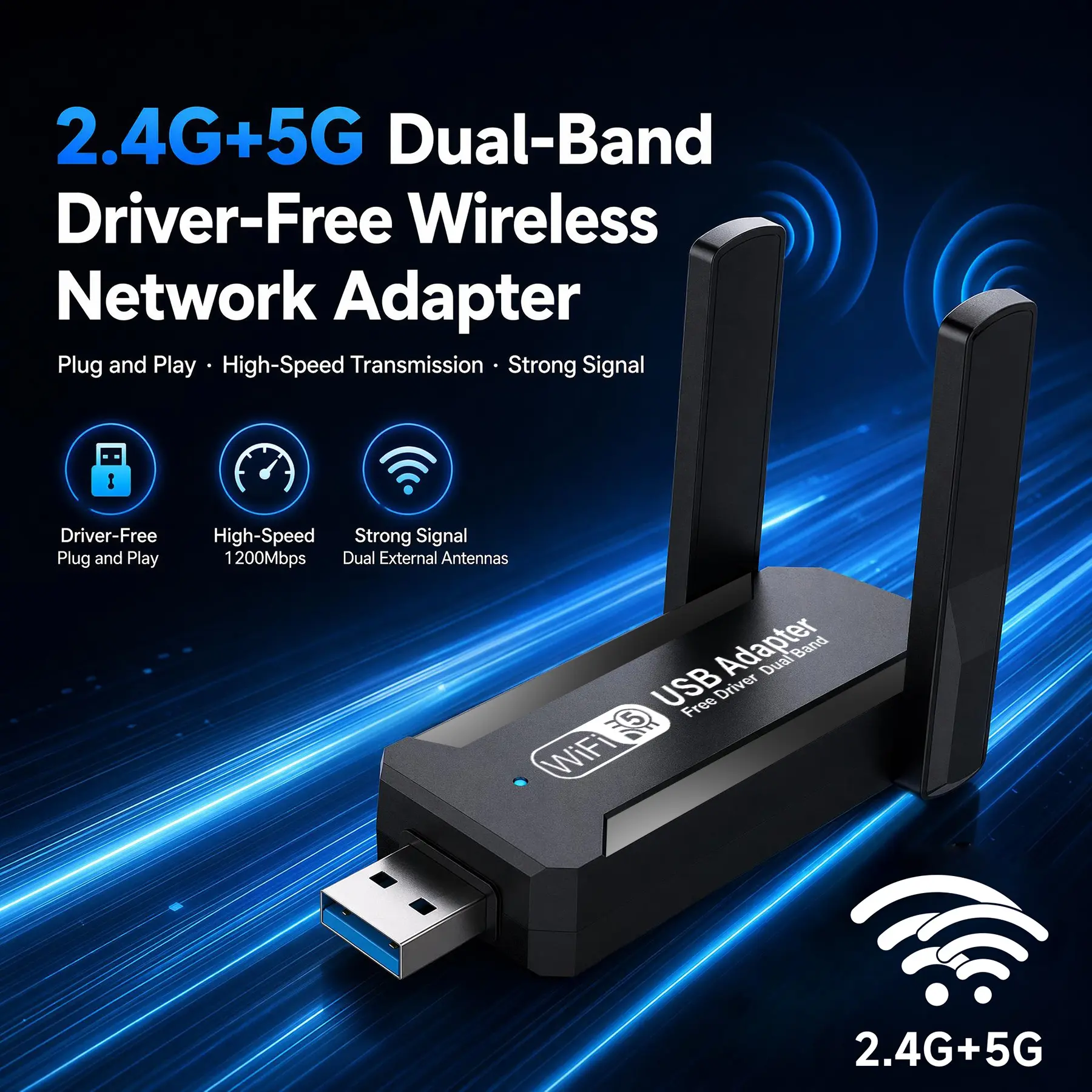 1200Mbps Dual-Band USB WiFi Adapter with USB Interface - 2.4G/5G Wireless Dongle, High Gain Antennas, Driver-Free Plug-and-Play, AP Mode for Gaming, Windows/Linux Universal Electronics Accessory