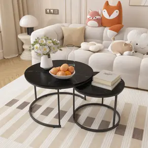 Nesting Coffee Table Set of 2, 27.6 inch Round Side Tables Coffee Table with Wood Marble Pattern Top Sturdy Metal Frame, End Table for Living Room Bedroom Balcony Yard
