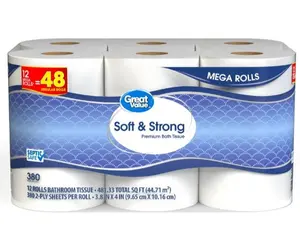 2 Ply 12 Mega Rolls 48 Regular rolls Soft & Strong Premium Toilet Paper